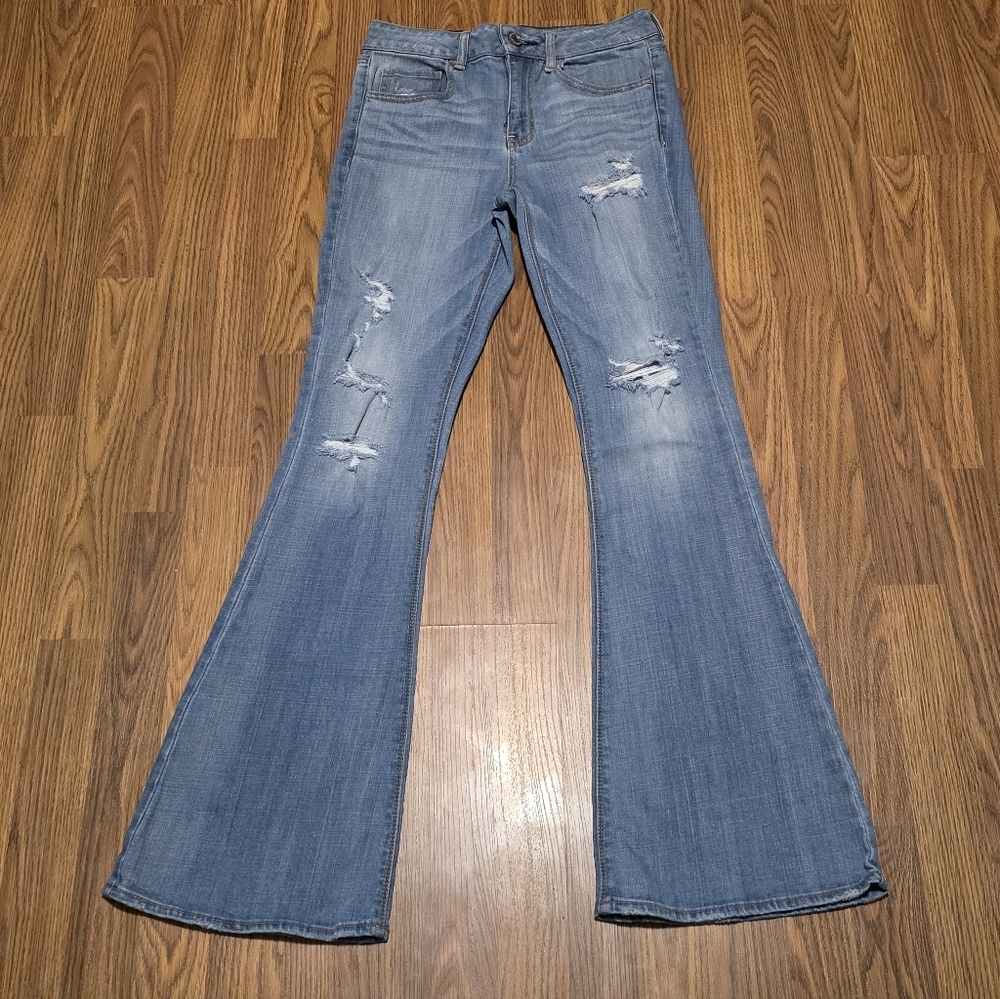 American Eagle Hi Rise Artist Jeans 6R Distressed Flare Stretch Blue Denim E70